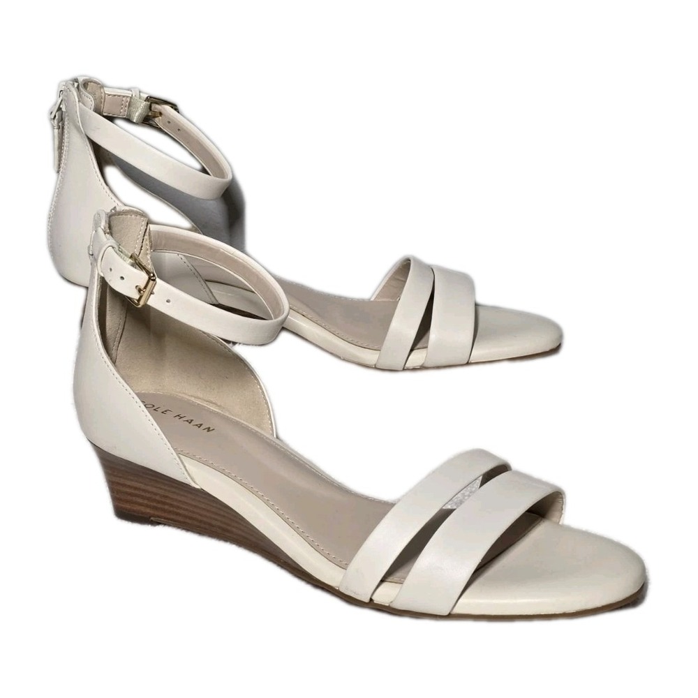 Cole Haan Off White Abriella Wedge Sandle‎ Size 7 B Leather Ankle Strap